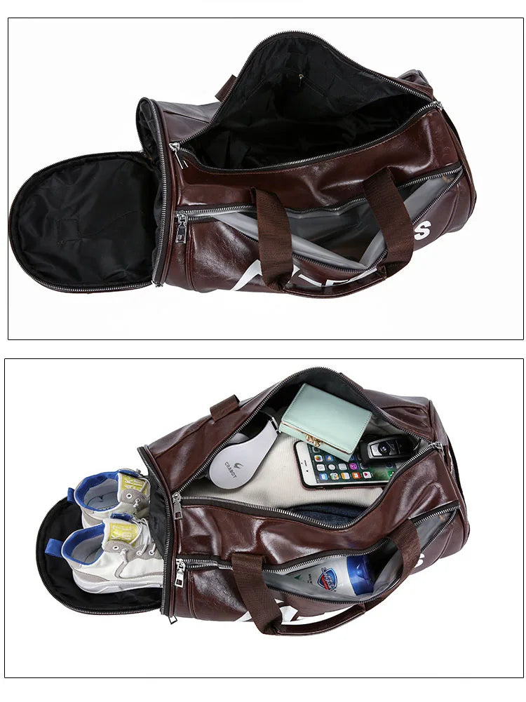 Sport Gym Bag with Shoes Pocket, Waterproof Leather Fitness Travel Handbag.